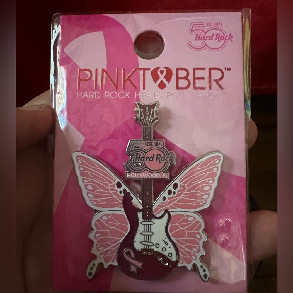 Hard Rock Pinktober Guitar Butterfly Pin Limited Edition Hollywood Fl PinkRibbon